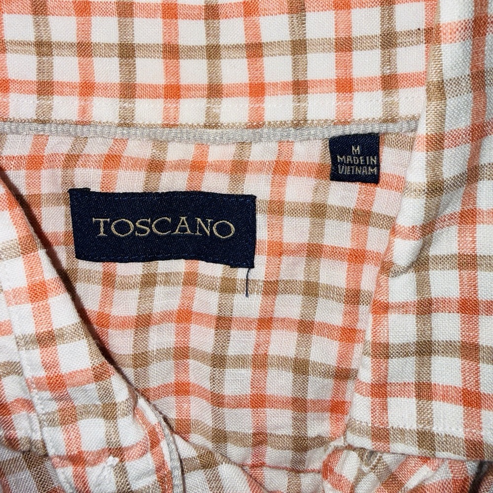 Toscano Patrick Assaraf Men's M Linen Shirt Orange Plaid Gingham Long Sleeve - Picture 2 of 7
